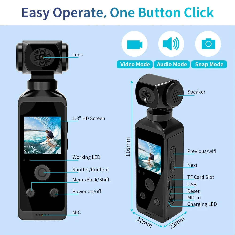 New 4K 1080P Pocket Camcorder HD Cam 1.3" LCD Screen 270° Rotatable Wifi Mini Sports Camera with Waterproof Case Motion Cameras